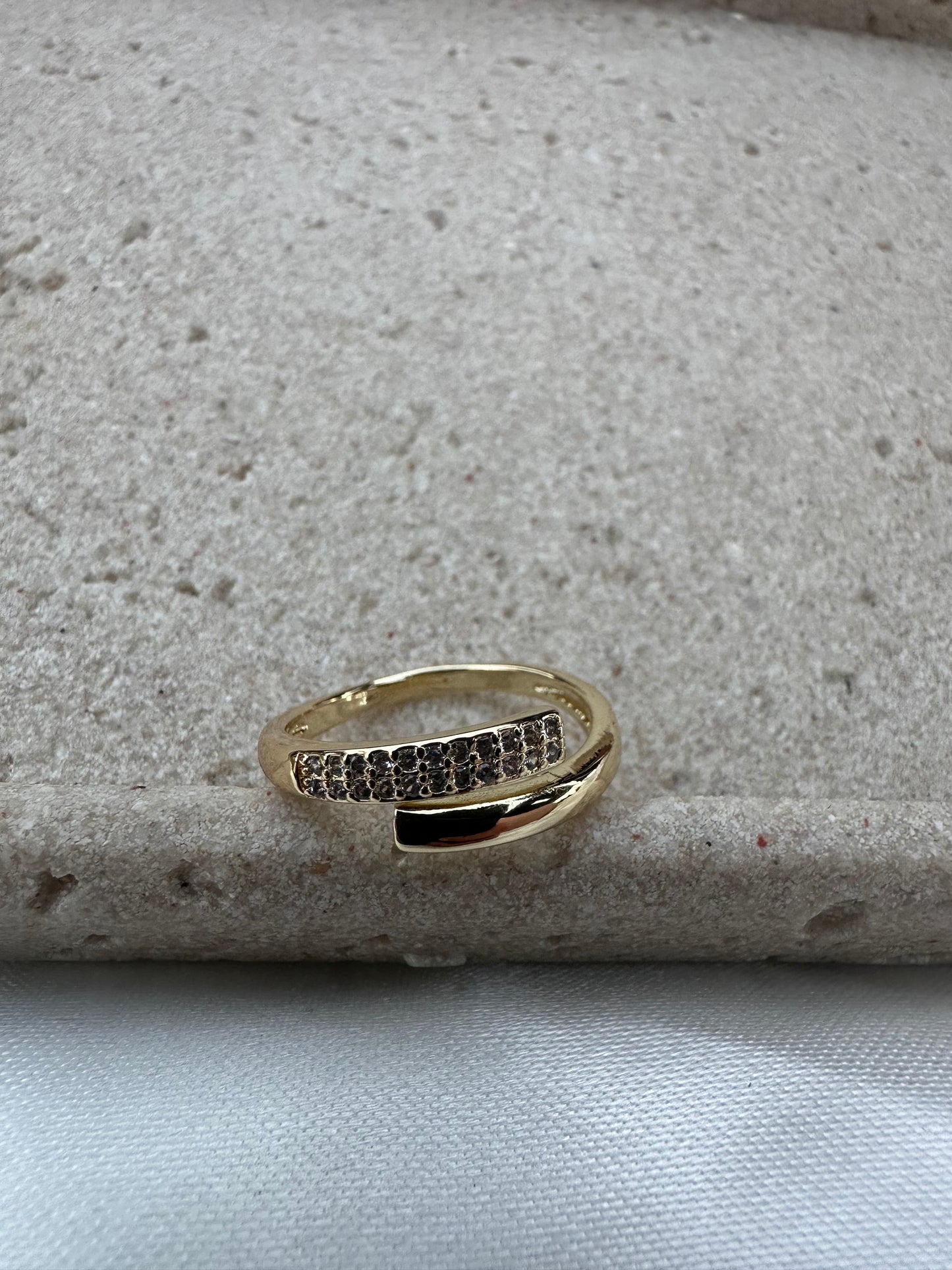 Adjustable Gold-Plated Overlap Band Ring with Pave Crystal Detail