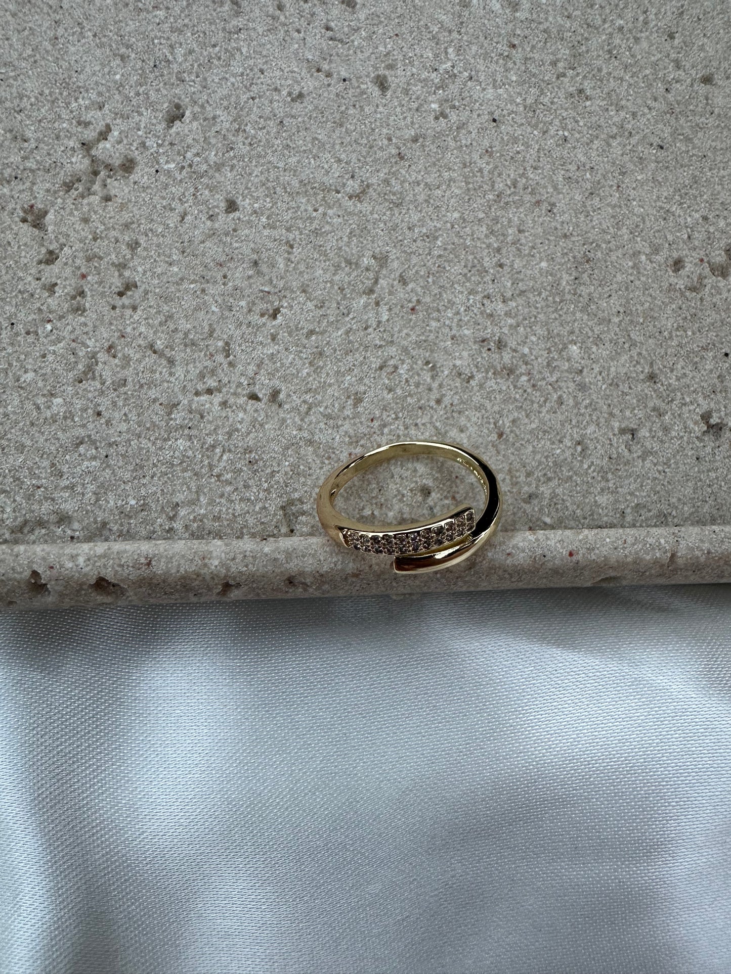 Adjustable Gold-Plated Overlap Band Ring with Pave Crystal Detail