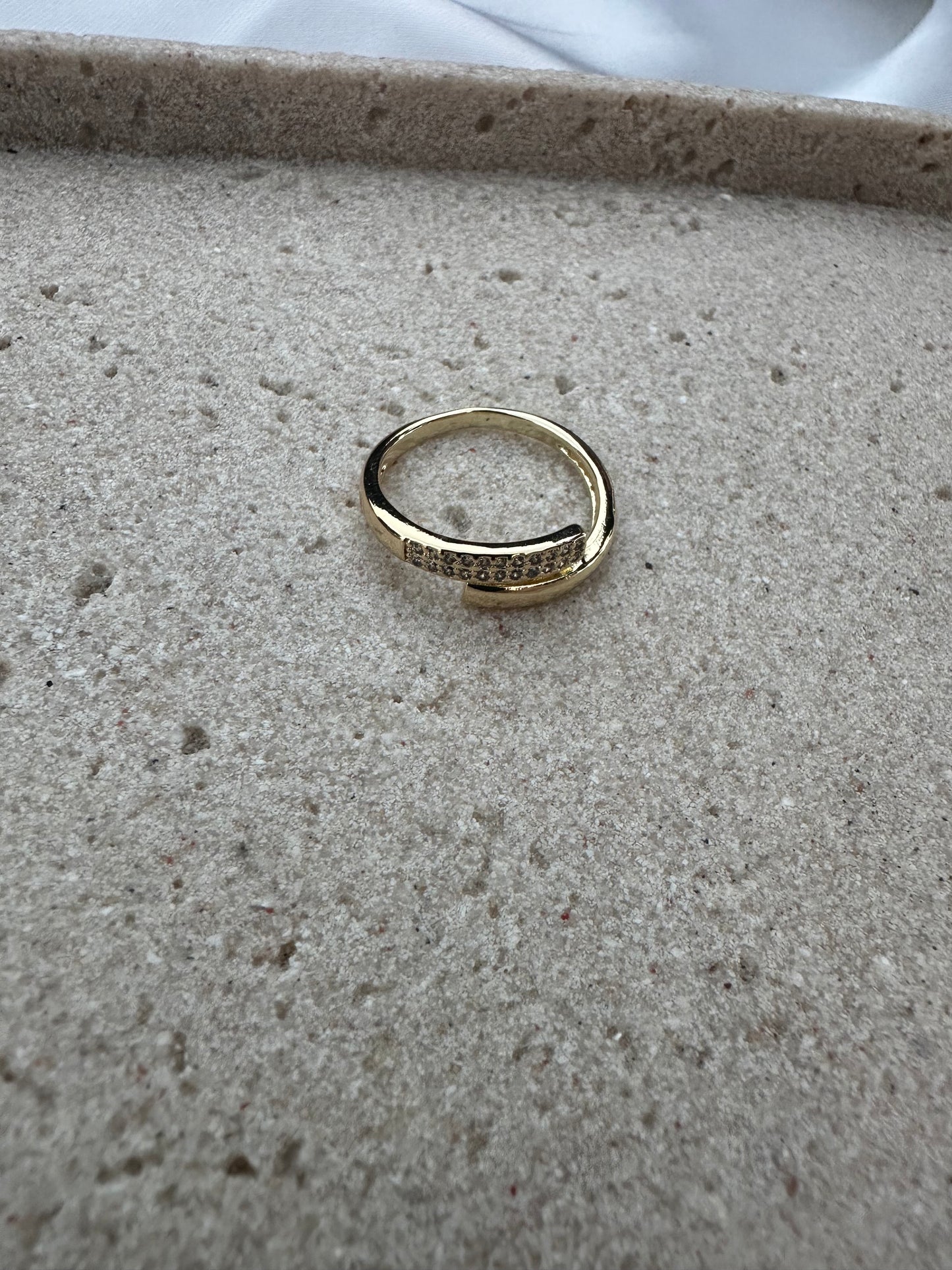Adjustable Gold-Plated Overlap Band Ring with Pave Crystal Detail